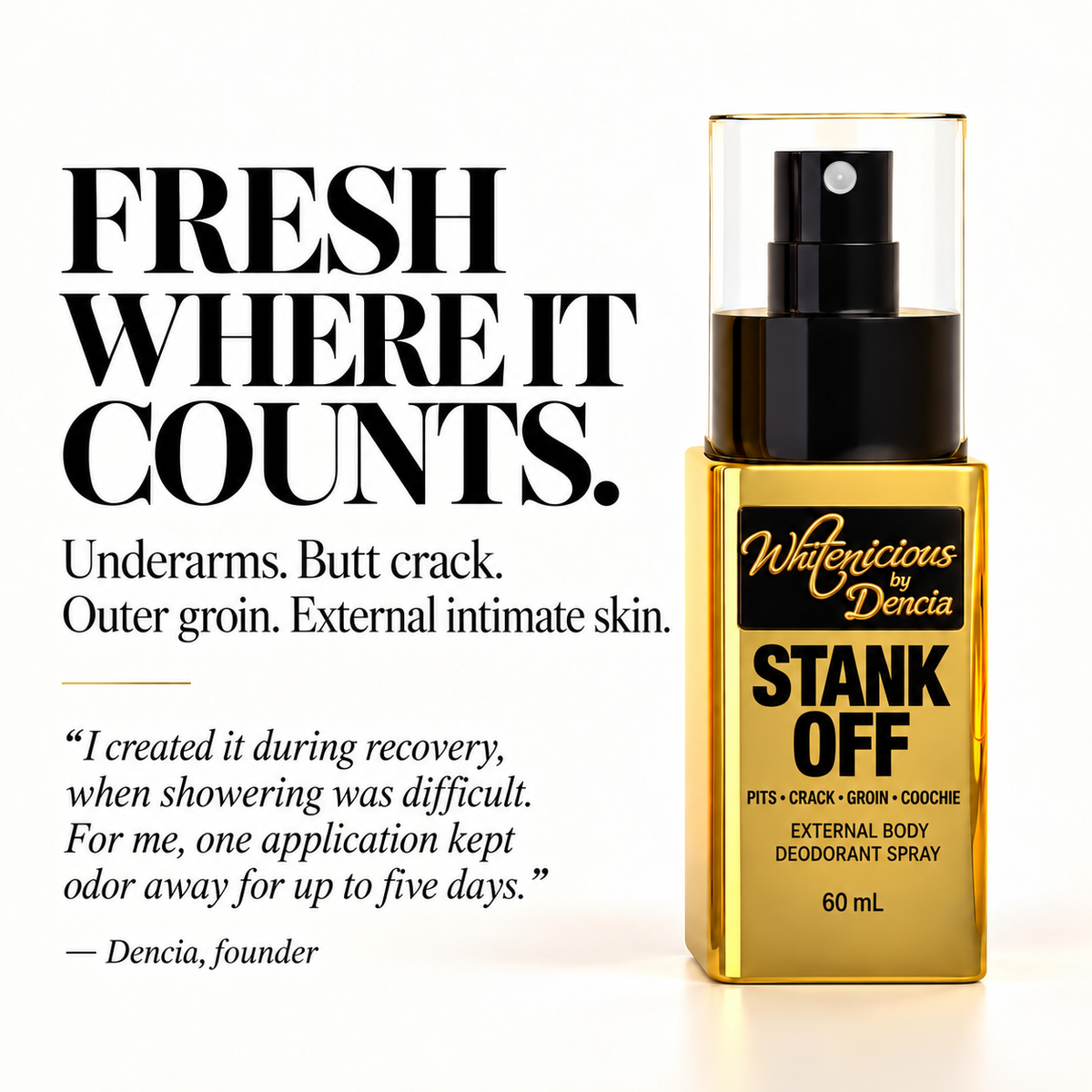 STANK OFF
Fragrance-Free External Body Deodorant Spray | 60 mL