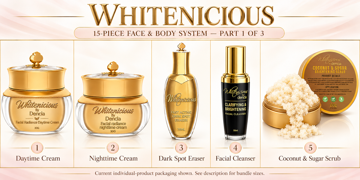 Whitenicious 15-piece face and body system — current packaging — products 1 to 5