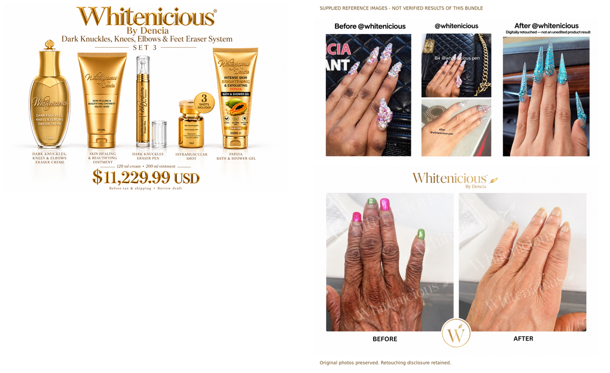 Set 3 — product lineup and supplied reference collages, not verified bundle results; retouching disclosure retained.