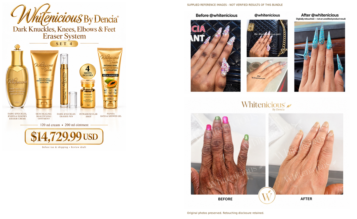 Set 4 — product lineup and supplied reference collages, not verified bundle results; retouching disclosure retained.