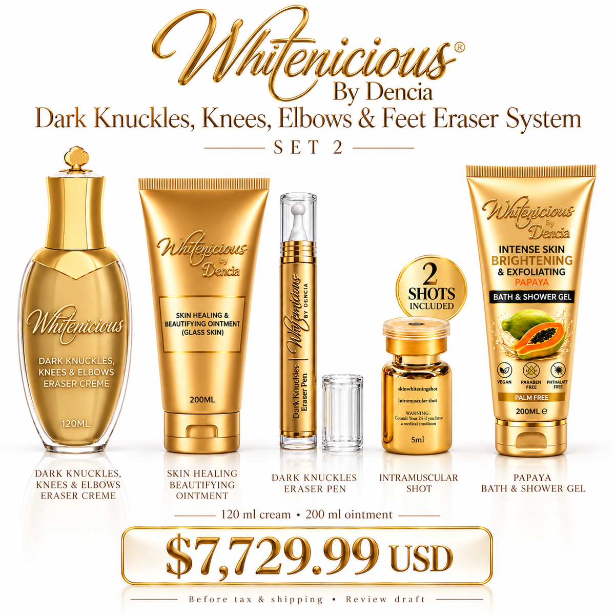 Set 2 product-only lineup — sizes, shot quantity and full price.