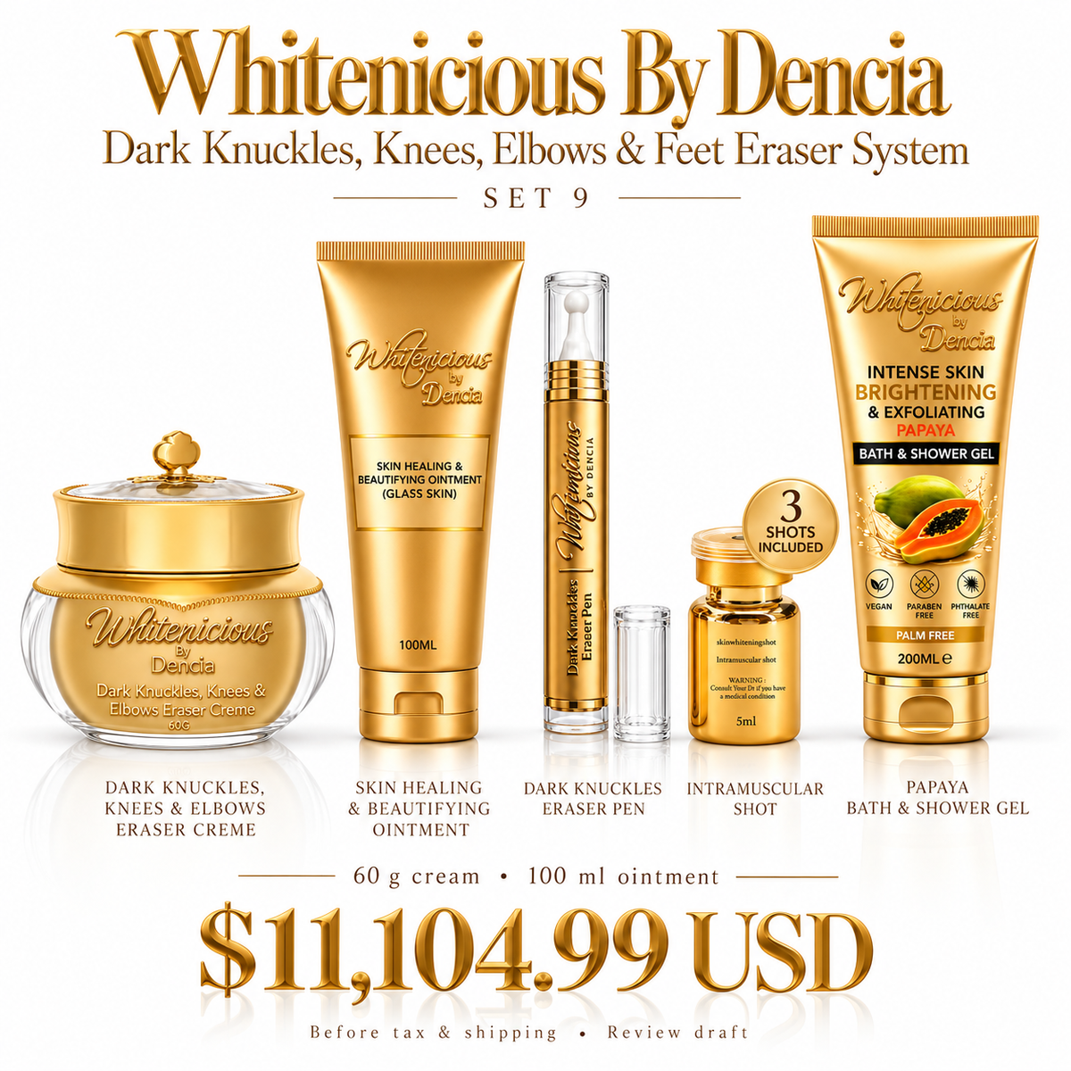 Set 9 product-only lineup — sizes, shot quantity and full price.